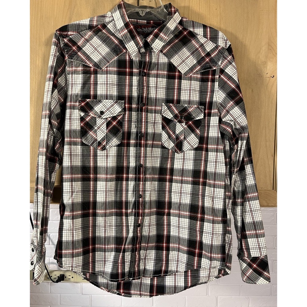 Rock & Roll Cowboy Western Shirt Mens Large Black Red Plaid Pearl Snap‎ Sawtooth